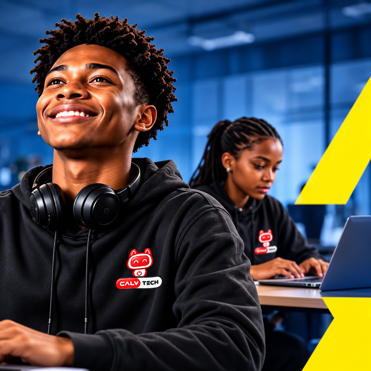Smiling CalvTech student with headphones